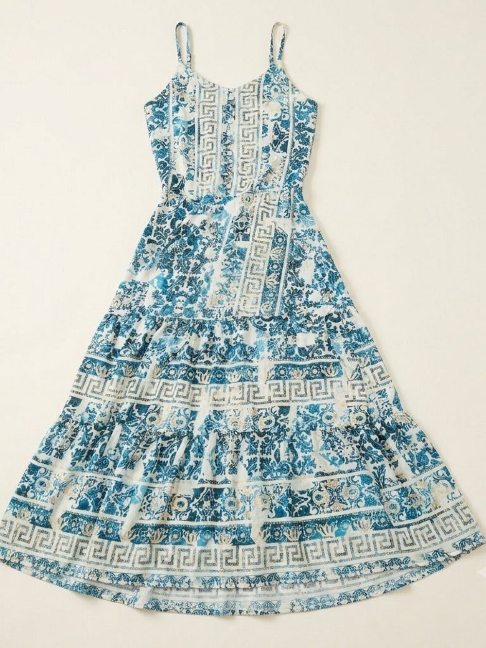Ayfee Florence Teal Mediterranean Tile Greek Key Tiered Resort Maxi Dress XL